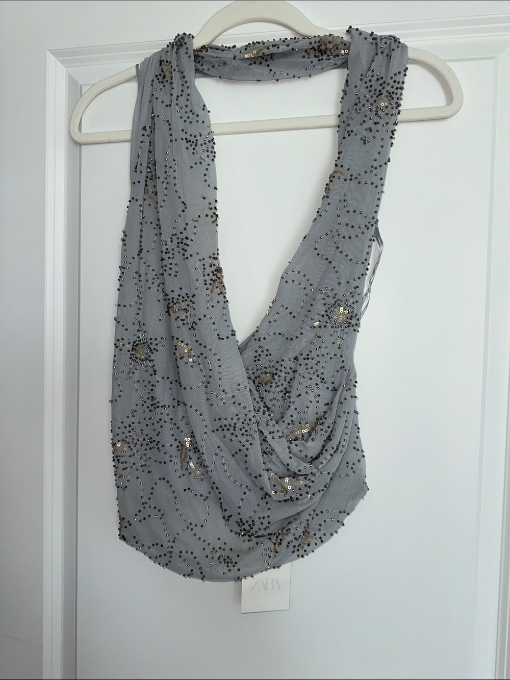 Zara Grey Sequin-Embellished Draped Top NEW WITH TAGS